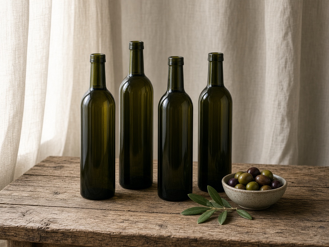Four unlabelled green glass bottles of olive oil