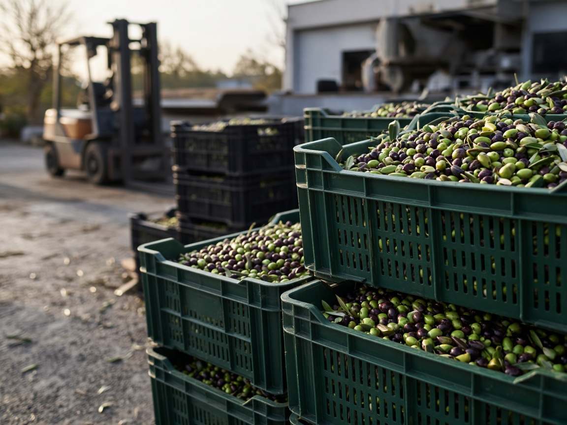 Stacked olive crates and a forklift at the mill