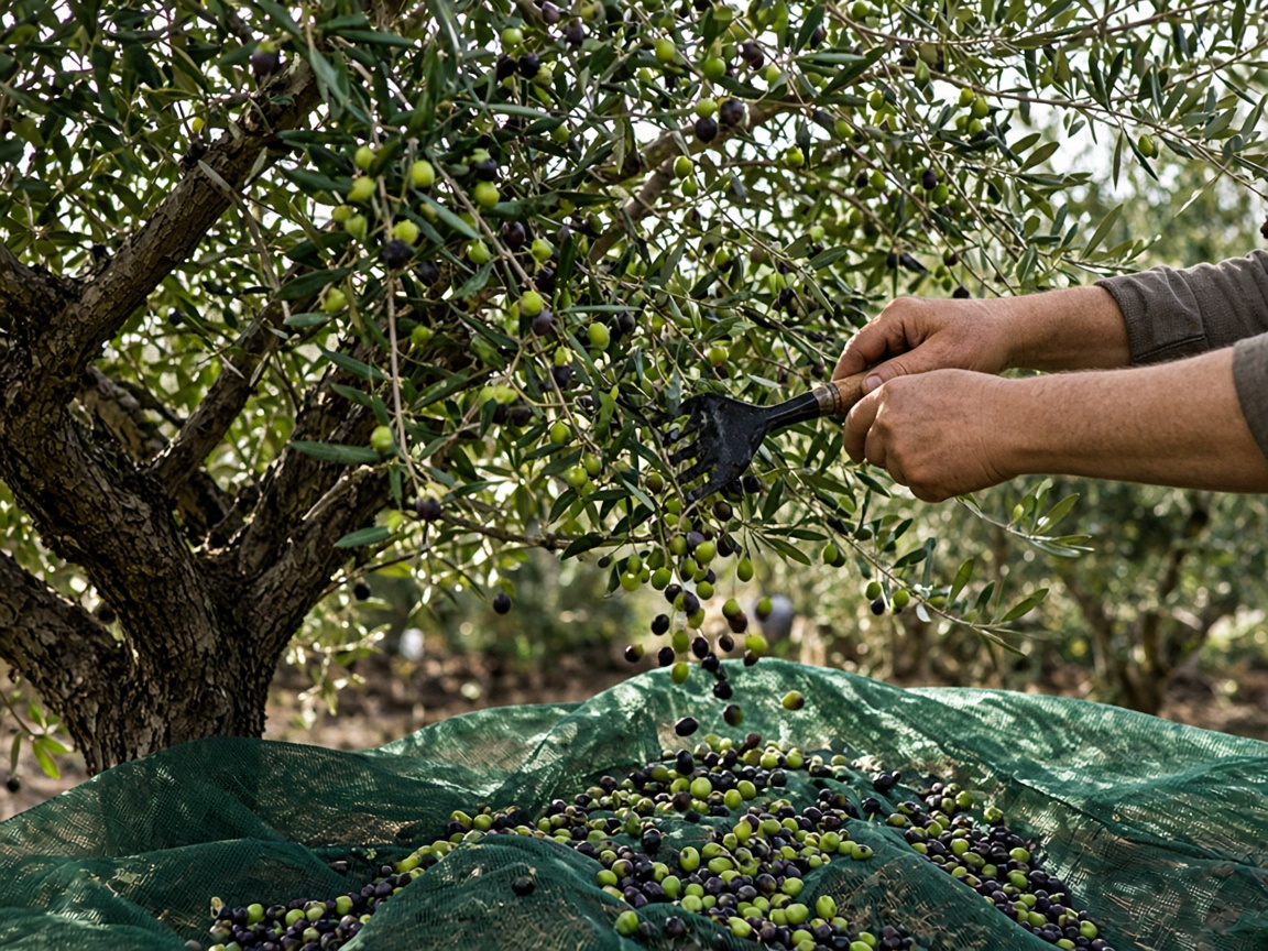 Nets spread under an olive tree with hand rakes