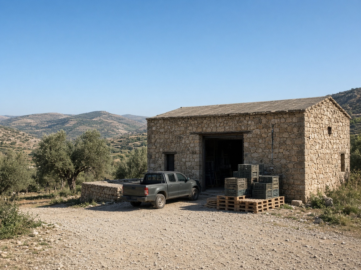 Stone mill building with a pickup truck loaded with olives