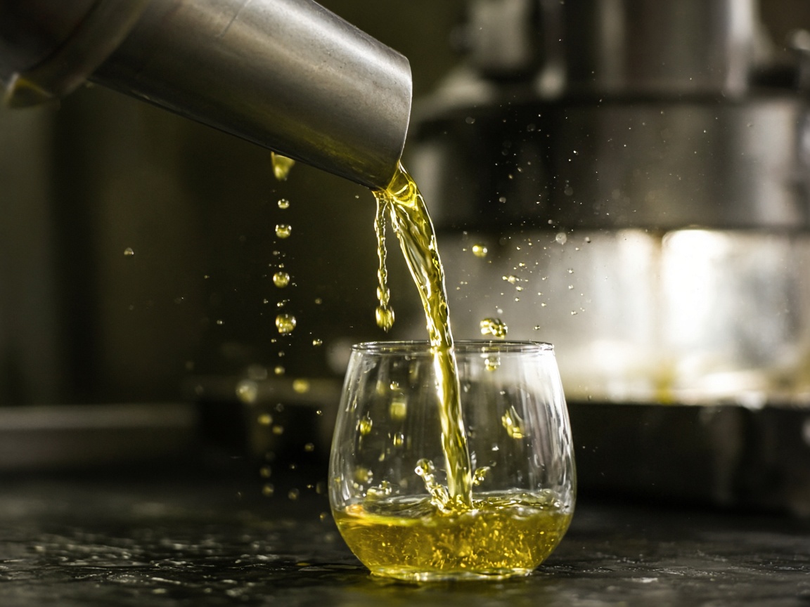 Green olive oil being poured into a tasting glass