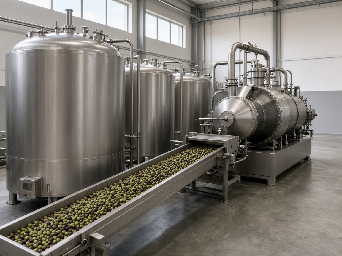 Stainless steel olive mill line inside the press hall