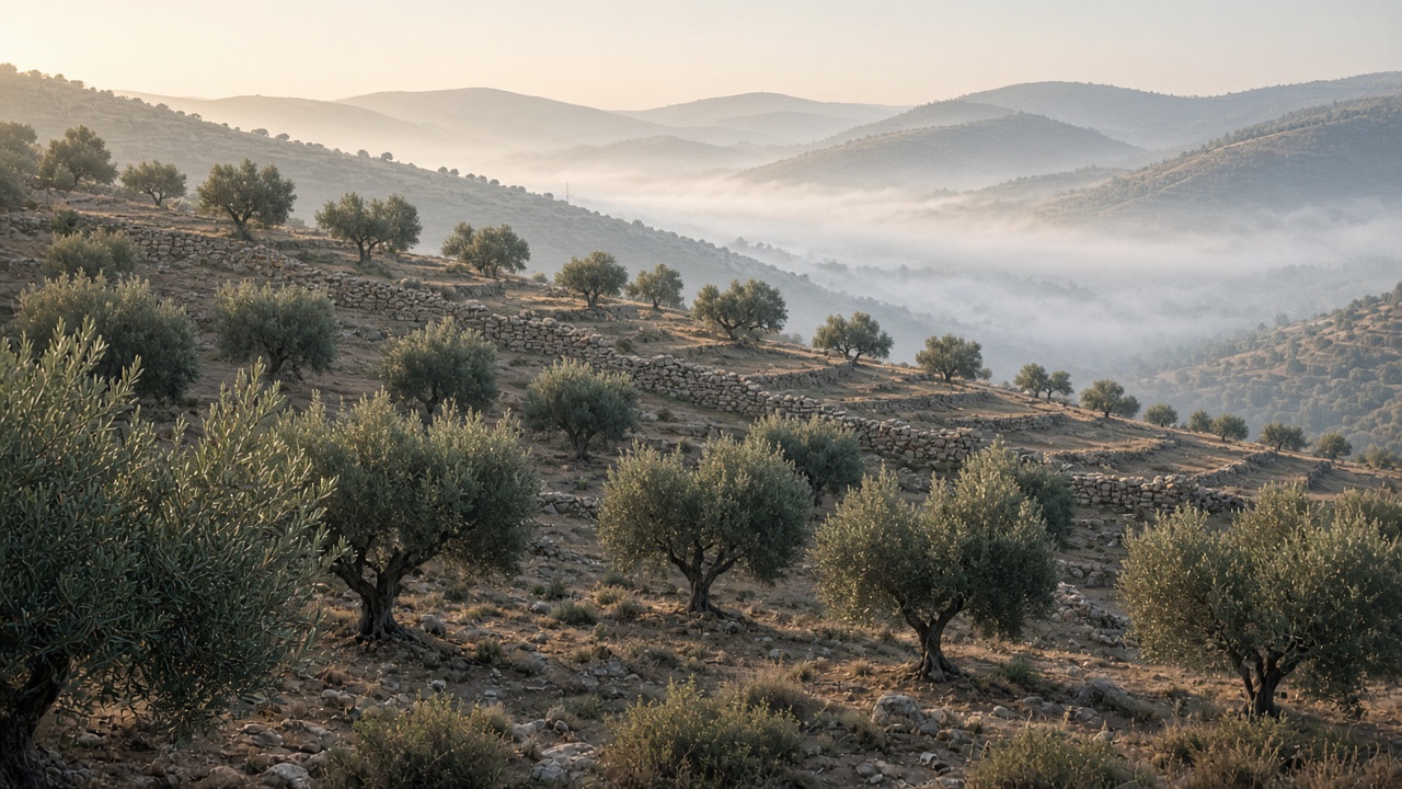 Misty olive terraces in the Galilee hills